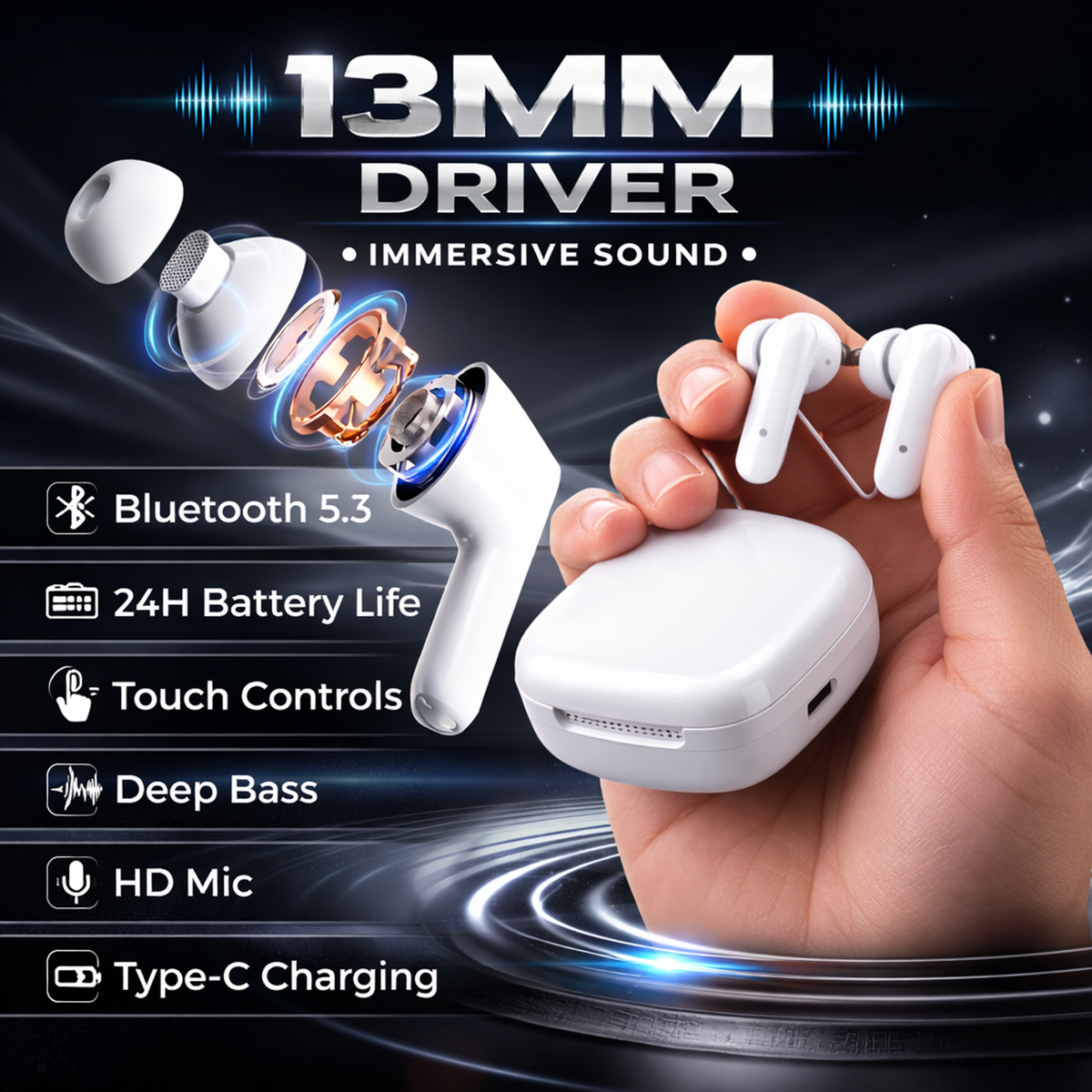 ZenX | True Wireless Earbuds | Bluetooth v5.3 | ENC Noise Cancellation | 72H Playback | 13mm Bass Drivers | IPX6 | Type-C Fast Charging | Low Latency Gaming Mode= HOT