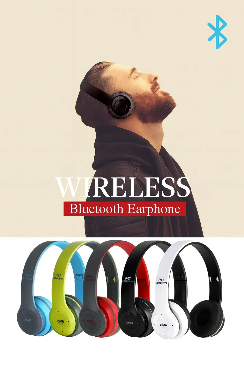 Foldable Wireless Bluetooth Headphones with Built-In Microphone – Stereo Sound | 5 Colors Available