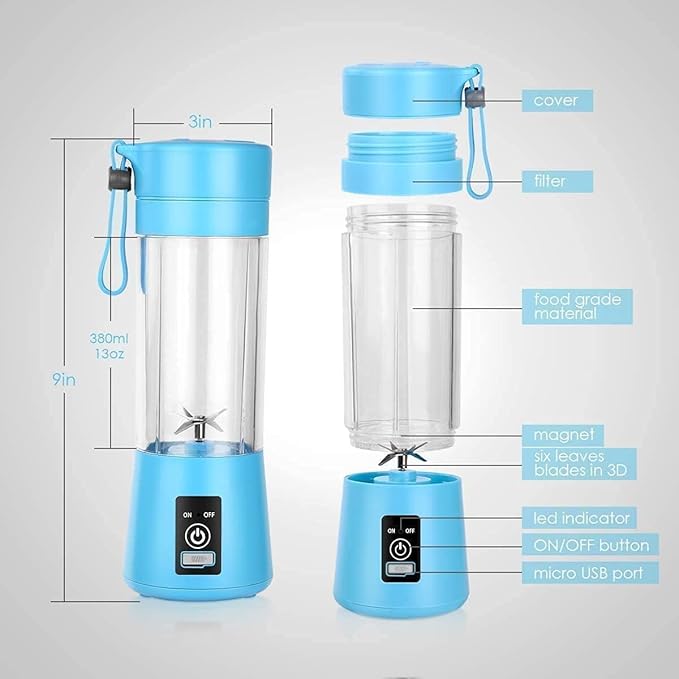 BlendX Portable Blender | 380ML USB Rechargeable Mini Juicer | 6 Stainless Steel Blades | Personal Smoothie Maker for Shakes, Juice &amp; Protein | Lightweight Travel Blender | Multi Colour