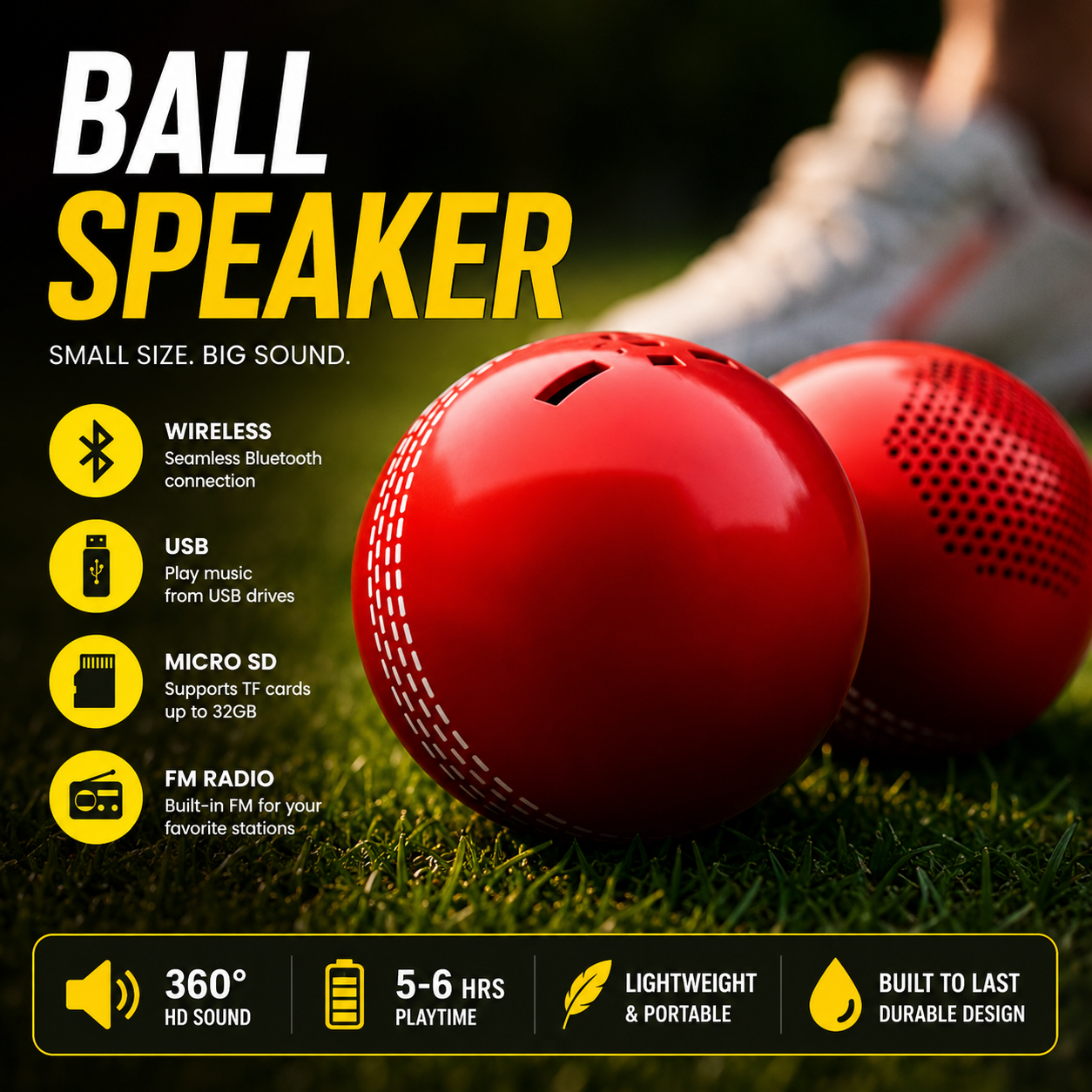 IPL Special Cricket Ball Bluetooth Speaker | 5W HD Stereo Sound | Long Playtime | USB Support | Assorted Colors