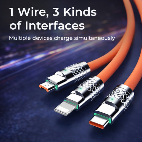 3-in-1 Fast Charging Retractable Data Cable (120W) | USB Type-C | Lightning | Micro-USB | Universal Compatibility | AmpX | Assorted Colours