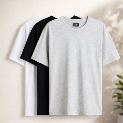 Pack of 3 Men’s Cotton T-Shirts | 135 GSM | White, Melange Grey & Black | Soft Summer Comfort | Regular Fit